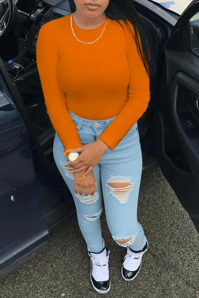 Women Plus Size Cotton Spandex Crewneck Long Sleeve T-Shirt