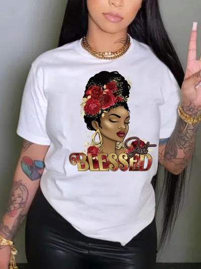 Women Plus Size Letter Girl's Head Rose Print Round Neck Short Sleeve T-Shirt