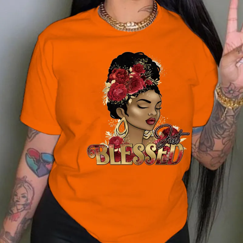 Women Plus Size Letter Girl's Head Rose Print Round Neck Short Sleeve T-Shirt