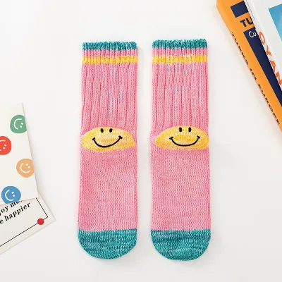 Street Men's And Women's Mid-Barrel Winter Wool Thick Knit Smiley Socks