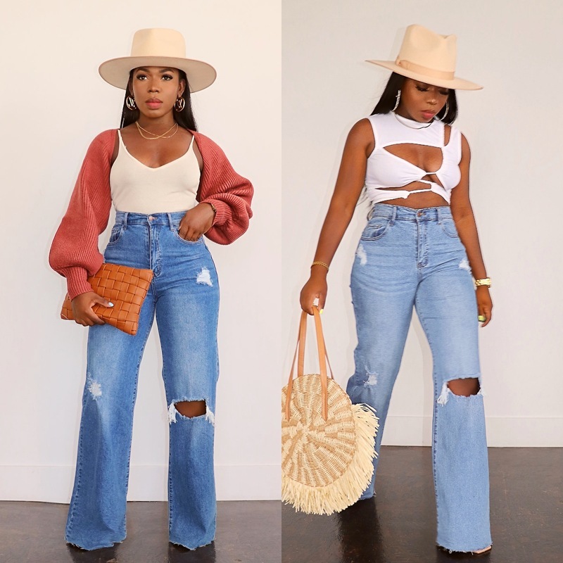 Wholesale Women Fashion Ripped Wide Leg Straight Jeans