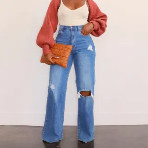 Women Fashion Ripped Wide Leg Straight Jeans