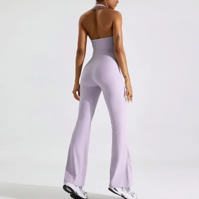 Women's Yoga Quick-Dry Hanging Neck Solid Color Tight Sports Jumpsuits