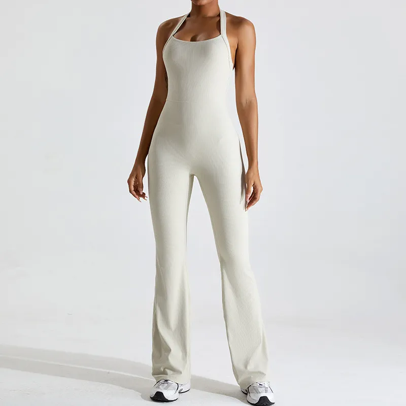 Women's Yoga Quick-Dry Hanging Neck Solid Color Tight Sports Jumpsuits