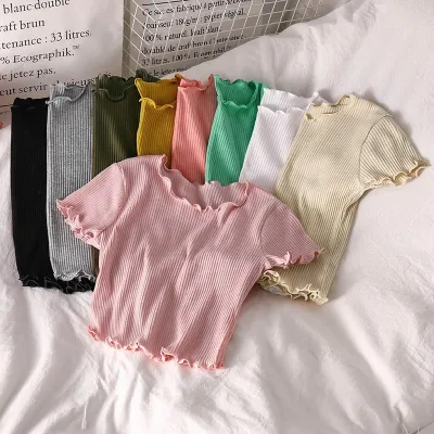 Women Summer Basic Slim-Fit Short Sleeve Rib-Knit Crop Top Solid Color