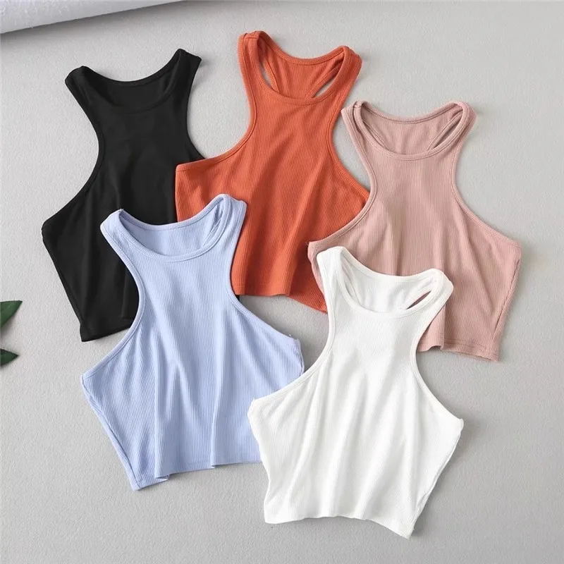 Solid Color Rib-Knit Sleeveless Women Summer Basic I-Shaped Sports Tank Top
