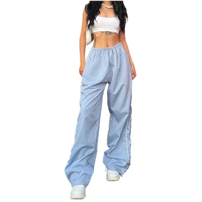 Street Fashion Women Drawstring Leisure Waist Multicolor Stripe Cargo Pants