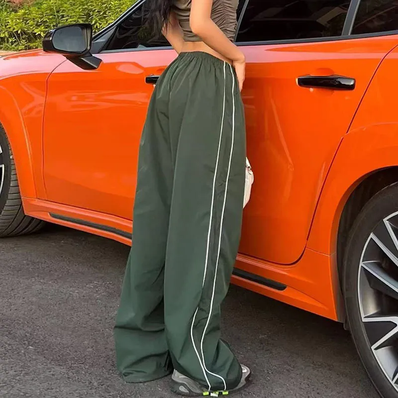 Street Fashion Women Drawstring Leisure Waist Multicolor Stripe Cargo Pants