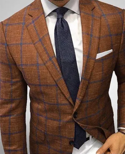 Men Slim Fit Plaid Suit Jacket Long Sleeve Lapel Party Casual