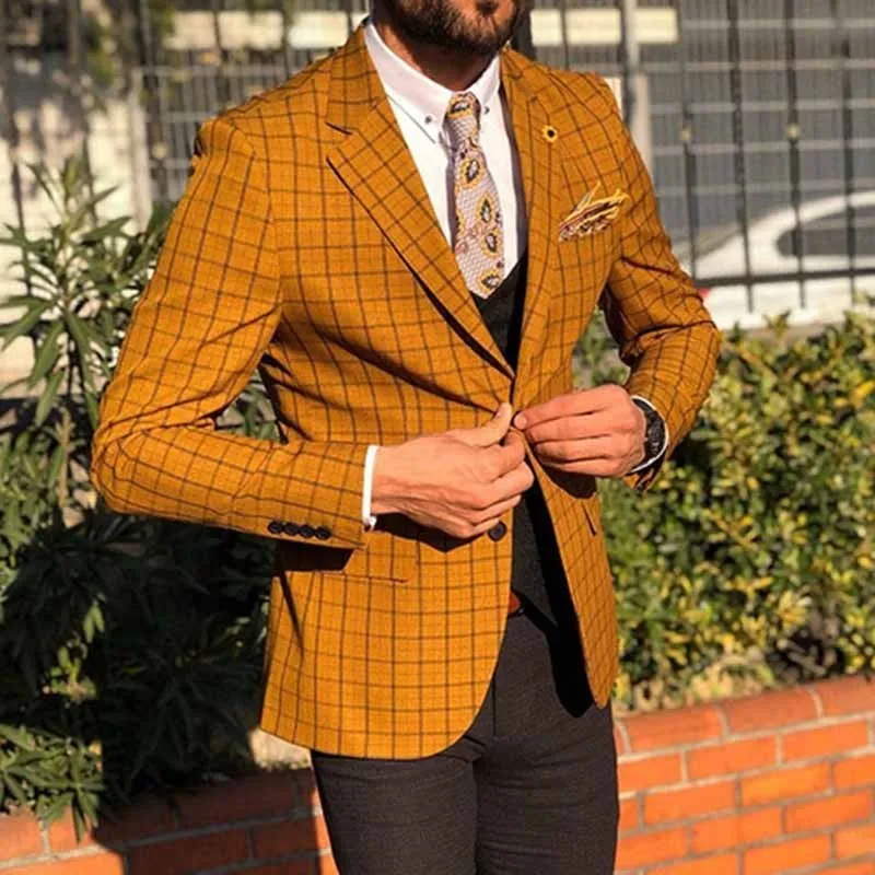 Men Slim Fit Plaid Suit Jacket Long Sleeve Lapel Party Casual