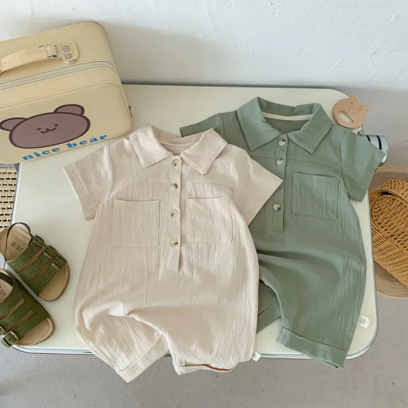 Kids Baby Boys Girls Fashion Casual Solid Color Short Sleeve Lapel Romper