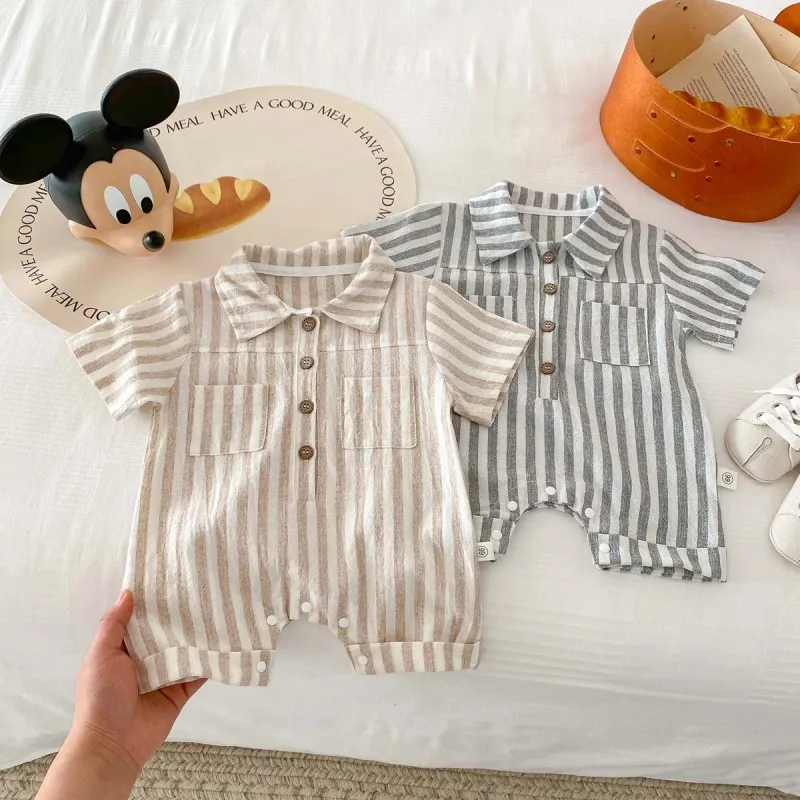 Kids Baby Boys Girls Fashion Casual Striped Short Sleeve Lapel Romper Cotton