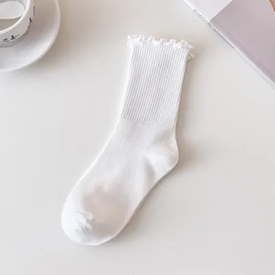 Women Simple Wood-Ear Solid Color Cotton Mid-Tube Socks