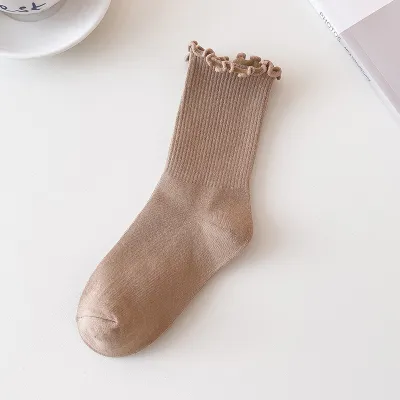 Women Simple Wood-Ear Solid Color Cotton Mid-Tube Socks