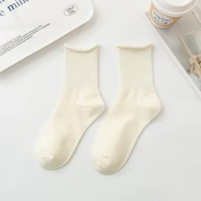 Women Simple Wood-Ear Solid Color Cotton Mid-Tube Socks