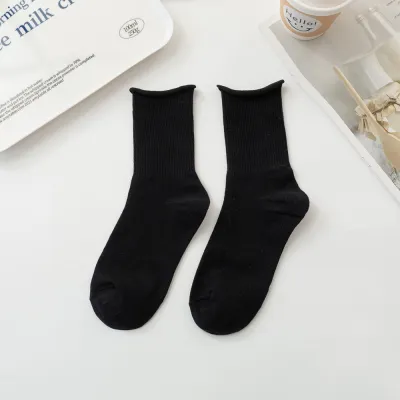 Women Simple Wood-Ear Solid Color Cotton Mid-Tube Socks