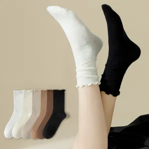 Women Simple Wood-Ear Solid Color Cotton Mid-Tube Socks