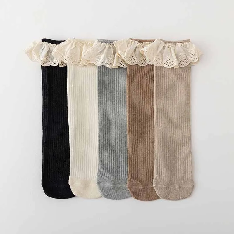 Kids Girls Spring Autumn Cute Lace Trim Long Cotton Socks