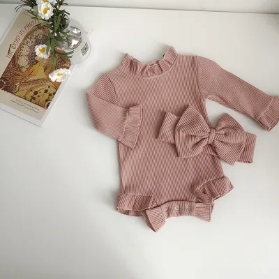 Kids Baby Girls Casual Solid Color Cotton Long Sleeve Romper Triangle Climb with Hidden Button