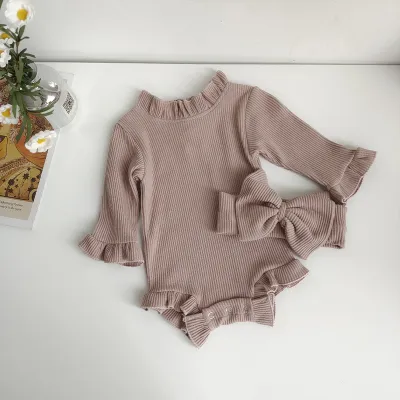 Kids Baby Girls Casual Solid Color Cotton Long Sleeve Romper Triangle Climb with Hidden Button