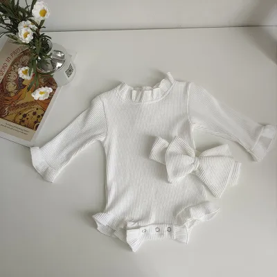 Kids Baby Girls Casual Solid Color Cotton Long Sleeve Romper Triangle Climb with Hidden Button