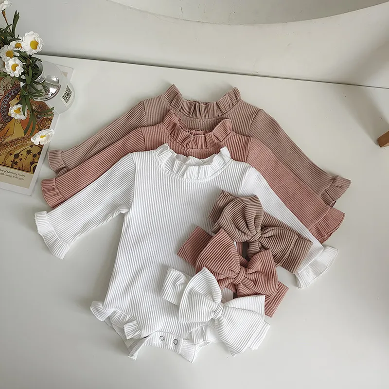 Kids Baby Girls Casual Solid Color Cotton Long Sleeve Romper Triangle Climb with Hidden Button