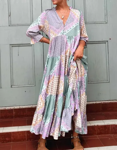 Summer Women Casual V-Neck Geometric Print Long Sleeve Maxi Dress