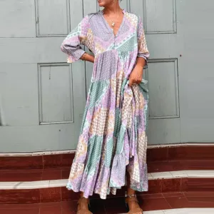 Summer Women Casual V-Neck Geometric Print Long Sleeve Maxi Dress
