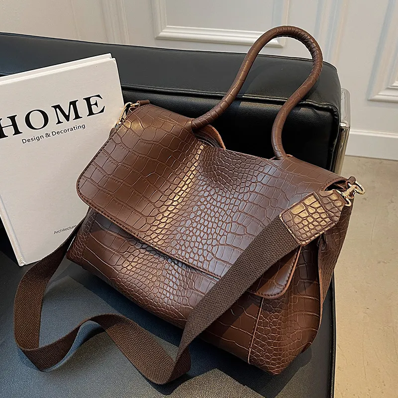 Women Fashion Embossed Flip PU Large Capacity Handle Shoulder Bag