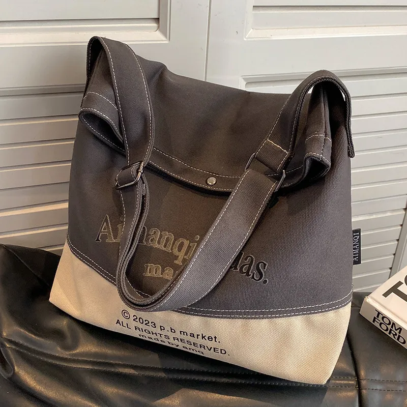 Women Fashion Casual Letter Print Large Capacity Colorblock Canvas Tote Shoulder Bag