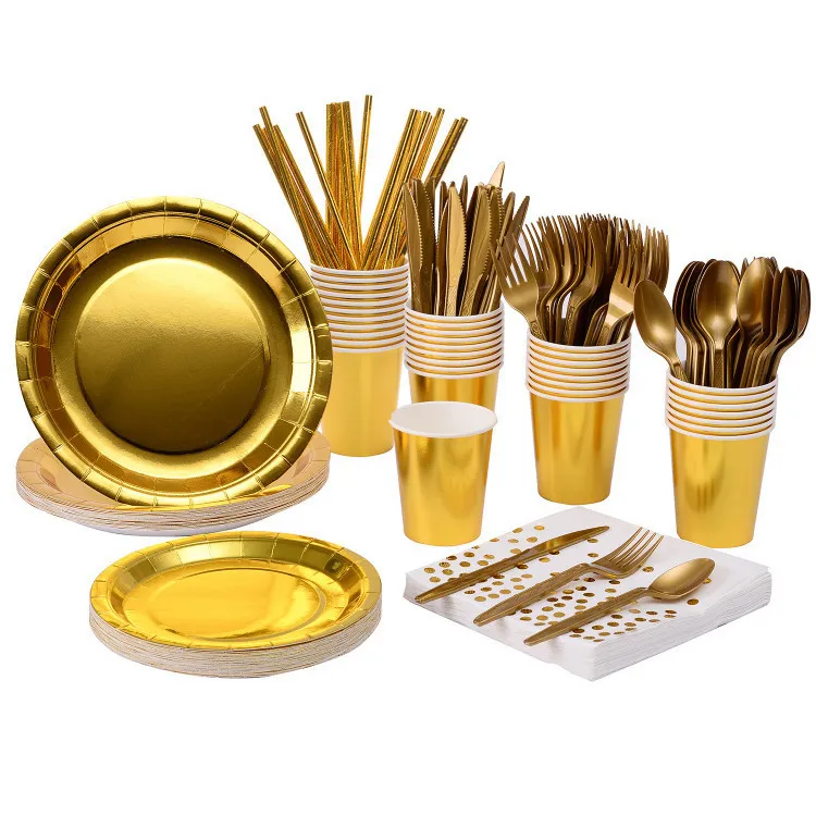 Gold Disposable Tableware Set - Elegant Bronzing Paper Party Supplies