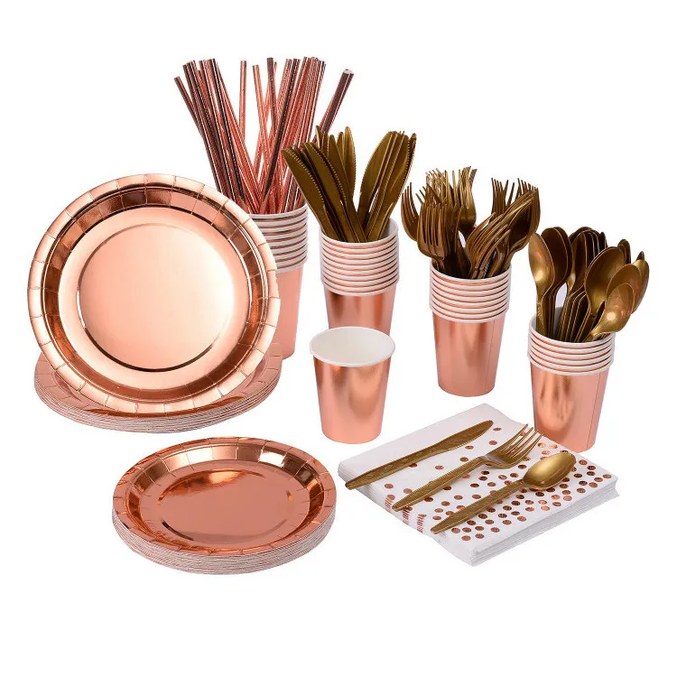 Rose Gold Bronzing Disposable Party Tableware Set Paper Plates Napkins