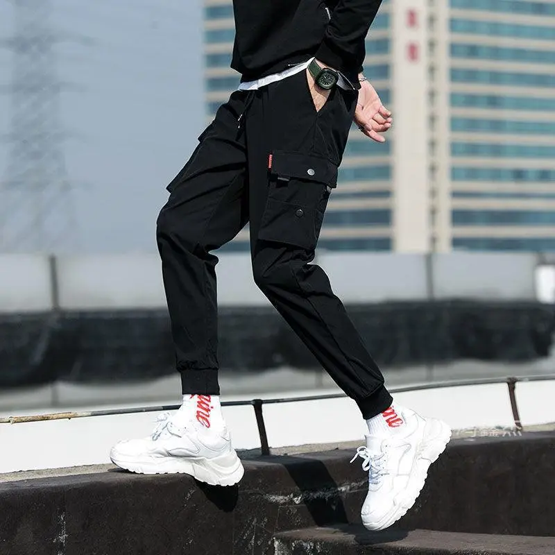 Men's Fashion Casual Solid Color Plus Size Jogger Cargo Pants Mid-Waist Cropped Pocket Decoration