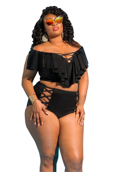 Women Sexy Plus Size Geometric Print High Waist Tankini Swimwear Set
