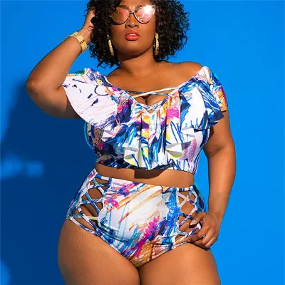 Women Sexy Plus Size Geometric Print High Waist Tankini Swimwear Set