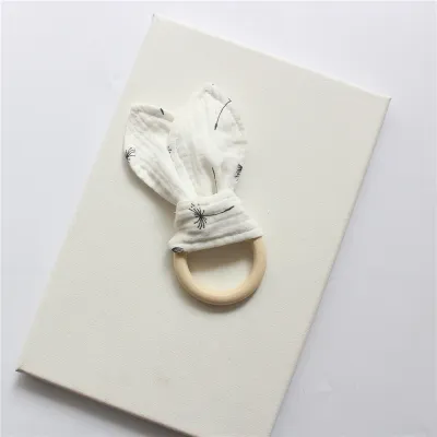 Baby Rabbit Ear Cotton Gauze Wooden Molar Bite Ring Teether