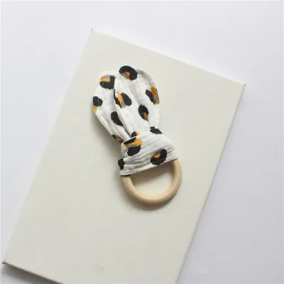Baby Rabbit Ear Cotton Gauze Wooden Molar Bite Ring Teether