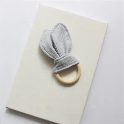 Baby Rabbit Ear Cotton Gauze Wooden Molar Bite Ring Teether