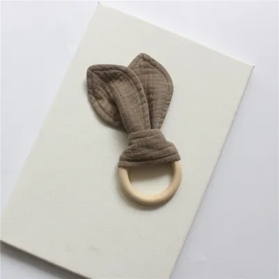 Baby Rabbit Ear Cotton Gauze Wooden Molar Bite Ring Teether