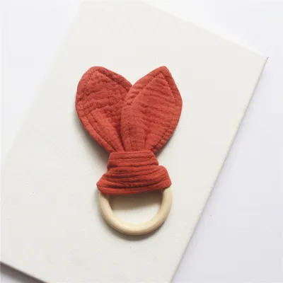 Baby Rabbit Ear Cotton Gauze Wooden Molar Bite Ring Teether