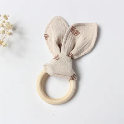 Baby Rabbit Ear Cotton Gauze Wooden Molar Bite Ring Teether