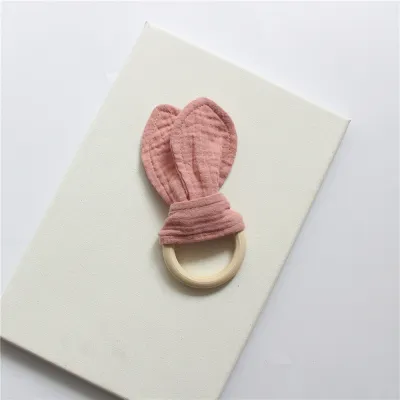 Baby Rabbit Ear Cotton Gauze Wooden Molar Bite Ring Teether
