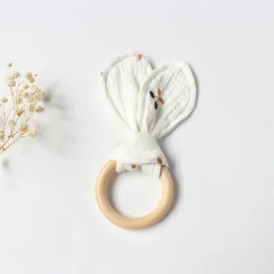 Baby Rabbit Ear Cotton Gauze Wooden Molar Bite Ring Teether