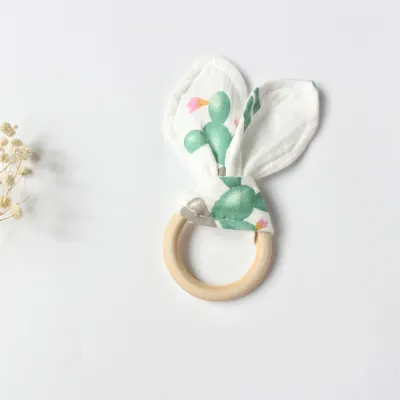 Baby Rabbit Ear Cotton Gauze Wooden Molar Bite Ring Teether