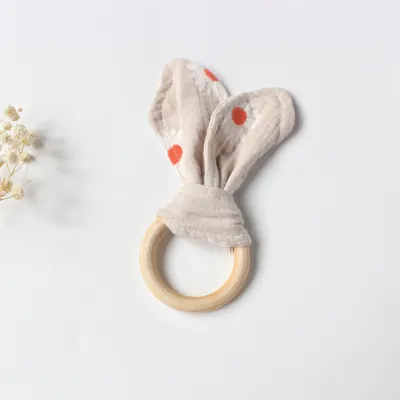 Baby Rabbit Ear Cotton Gauze Wooden Molar Bite Ring Teether