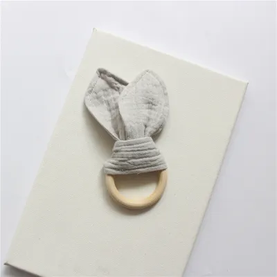 Baby Rabbit Ear Cotton Gauze Wooden Molar Bite Ring Teether