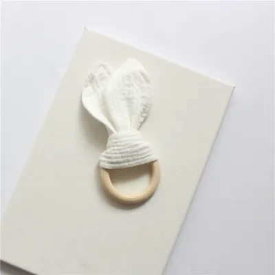 Baby Rabbit Ear Cotton Gauze Wooden Molar Bite Ring Teether