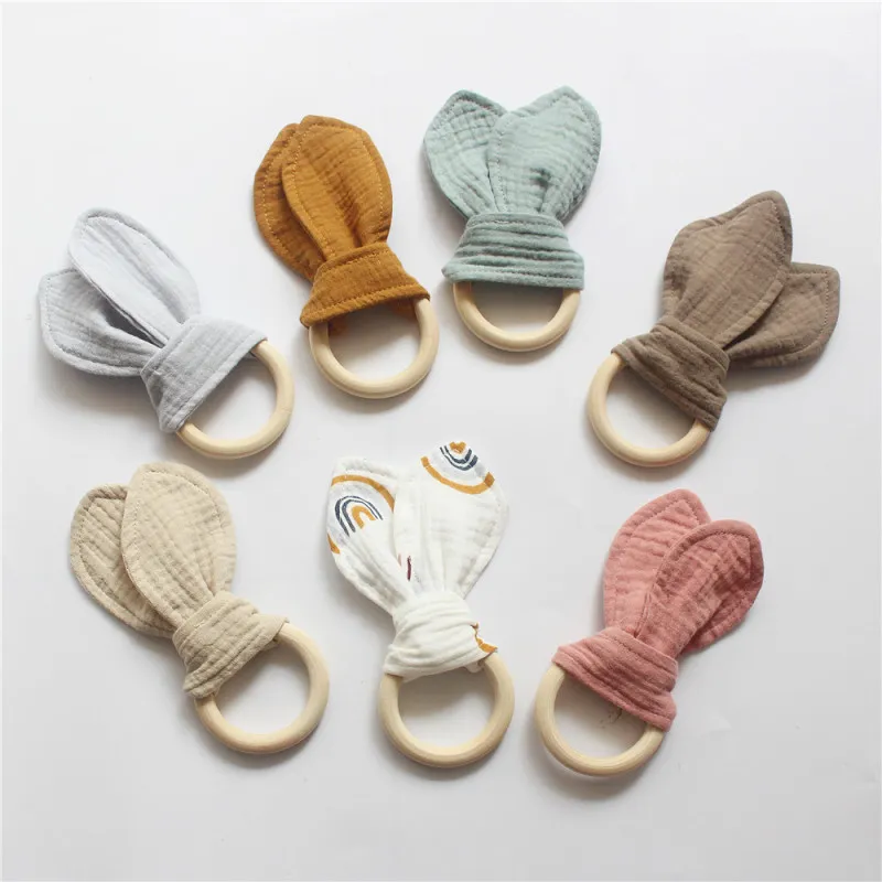 Baby Rabbit Ear Cotton Gauze Wooden Molar Bite Ring Teether