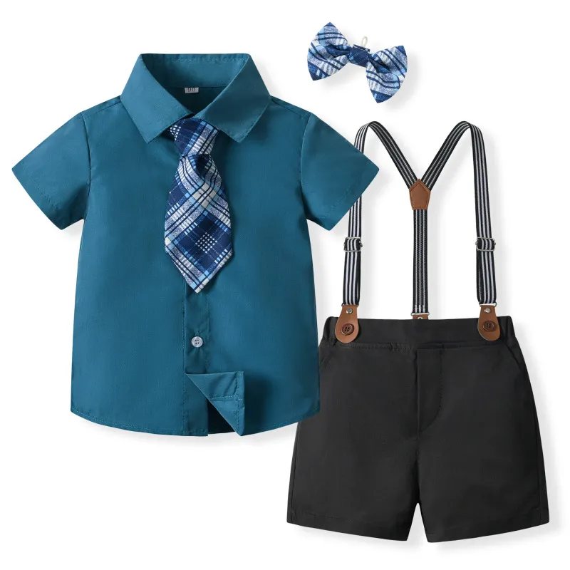 Boys Toddler Party Clothing British Style Short Sleeve Lapel Shirt Suspender Shorts Set