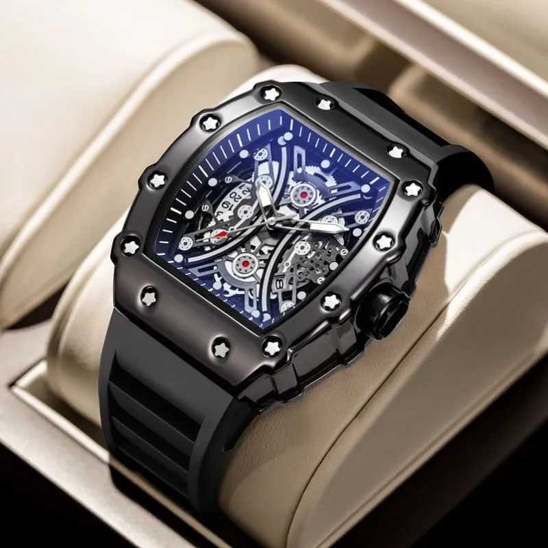 Men's Barrel Calendar Quartz Watch - Stainless Steel Strap Water Resistant 30M